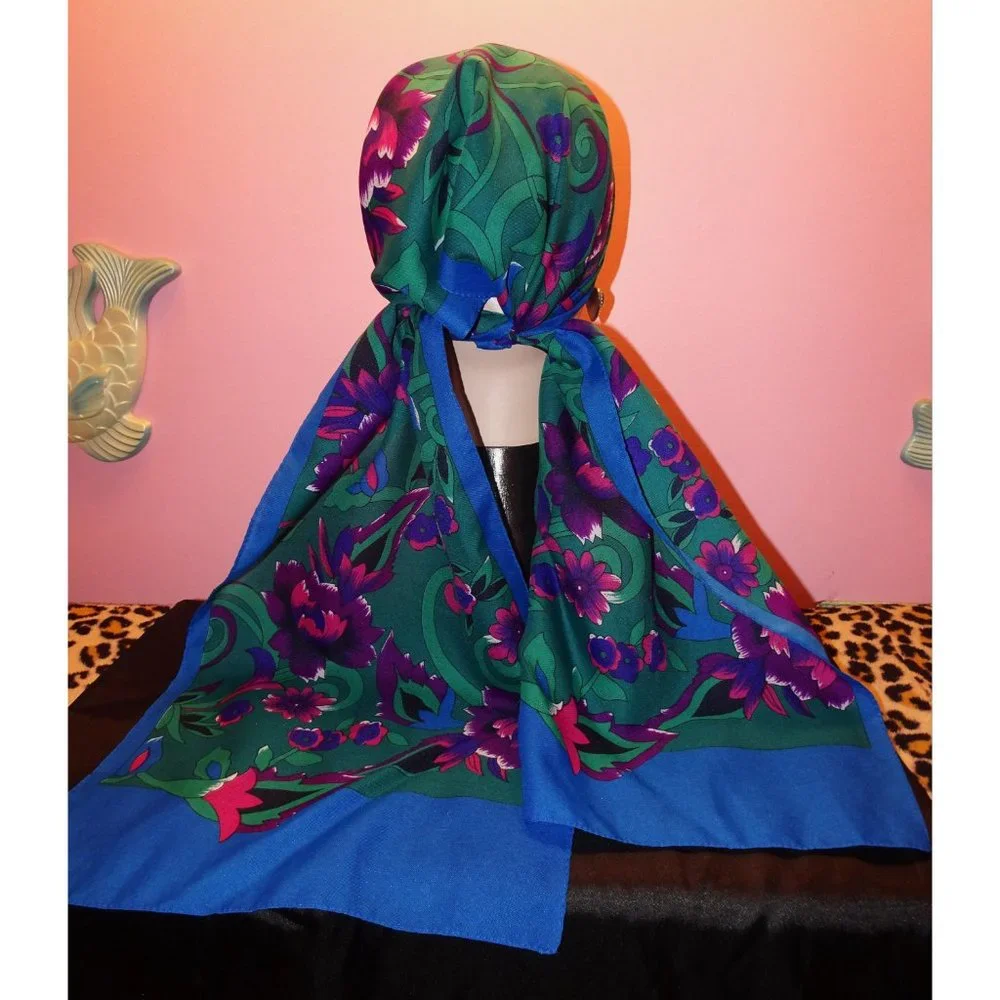 Vintage Purple & Blue Floral Scarf pinup retro rockabilly head wrap bow neck - Picture 9 of 10